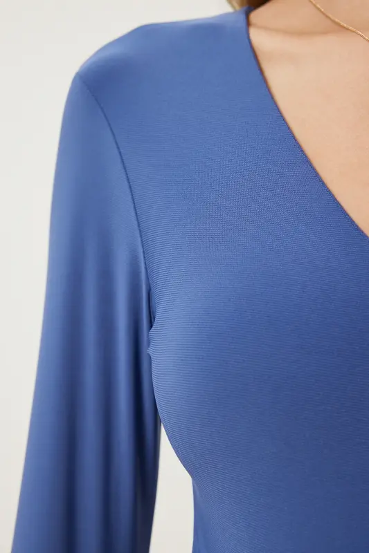 Women's Indigo Blue V Neck Snap Fastener Woven Body VN00022-Indigo Blue - 3