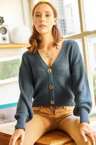 Women's Indigo Buttoned Knit Cardigan HRK-19000097-Indigo - Modazone (1)