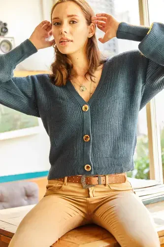 Women's Indigo Buttoned Knit Cardigan HRK-19000097-Indigo - 4