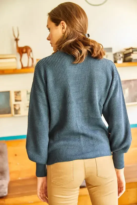 Women's Indigo Buttoned Knit Cardigan HRK-19000097-Indigo - 5