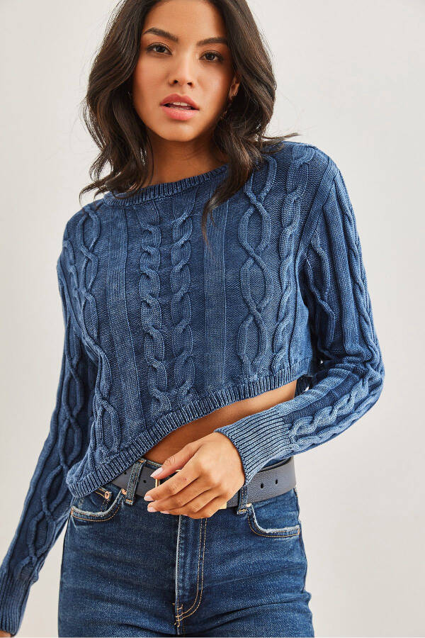 Women's Indigo Cable Knit Asymmetrical Washed Crop Jumper KZK-19000865 - 1
