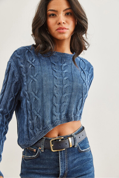 Women's Indigo Cable Knit Asymmetrical Washed Crop Jumper KZK-19000865 - 3
