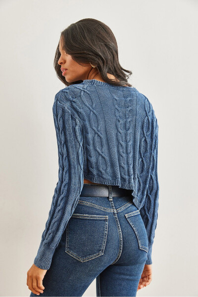 Women's Indigo Cable Knit Asymmetrical Washed Crop Jumper KZK-19000865 - 6