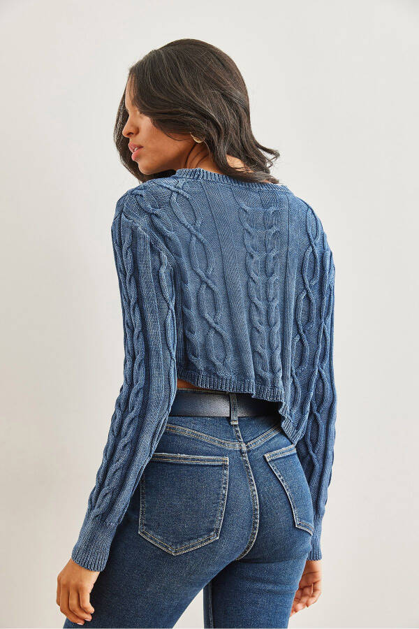 Women's Indigo Cable Knit Asymmetrical Washed Crop Jumper KZK-19000865 - 6