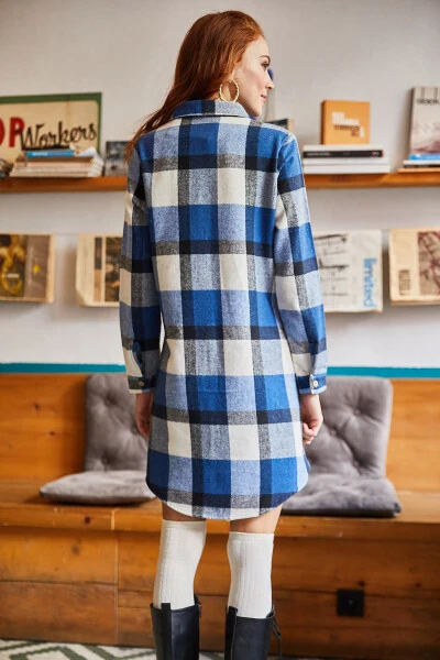 Women's Indigo Ecru Lumberjack Thick Plaid Tunic Dress ELB-19000836 - OLALOOK (1)