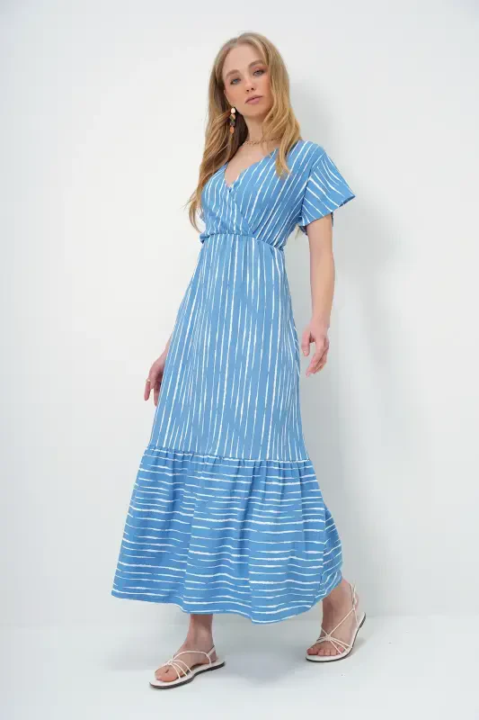 Women's Indigo-Ecru Patterned Crossover Maxi Dress ALC-X4373-INDIGO - 2