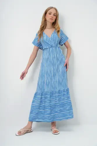 Women's Indigo-Ecru Patterned Crossover Maxi Dress ALC-X4373-INDIGO - 3