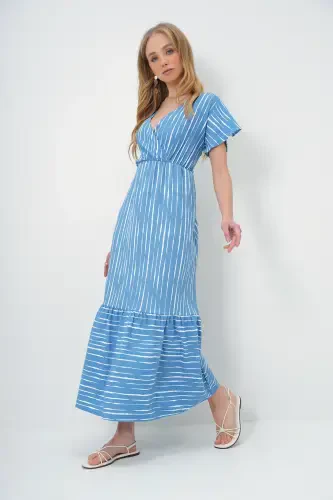 Women's Indigo-Ecru Patterned Crossover Maxi Dress ALC-X4373-INDIGO - 4