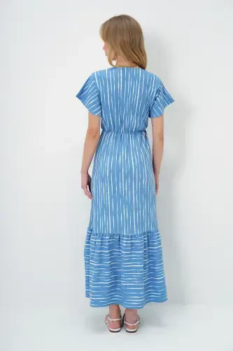 Women's Indigo-Ecru Patterned Crossover Maxi Dress ALC-X4373-INDIGO - 6