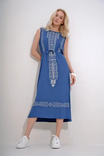 Women's Indigo Embroidery Printed Bohemian Dress ALC-6564-INDIGO 