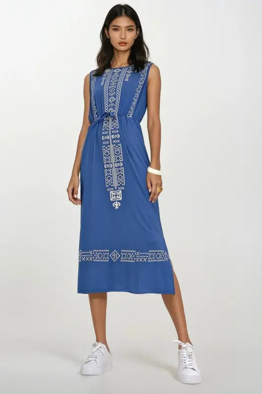 Women's Indigo Embroidery Printed Bohemian Dress ALC-6564-INDIGO - 3