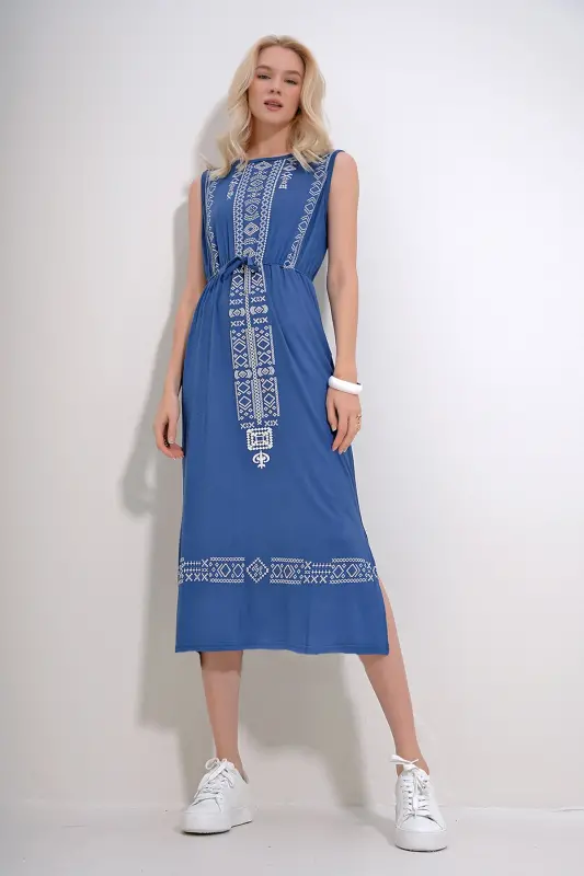 Women's Indigo Embroidery Printed Bohemian Dress ALC-6564-INDIGO - 4