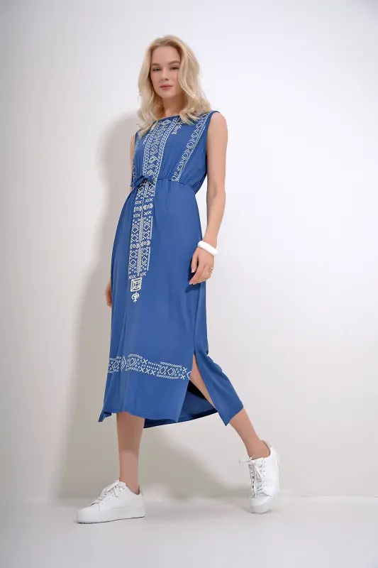 Women's Indigo Embroidery Printed Bohemian Dress ALC-6564-INDIGO - 5
