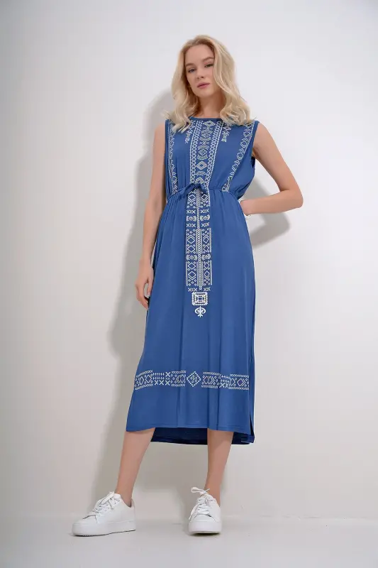 Women's Indigo Embroidery Printed Bohemian Dress ALC-6564-INDIGO - 6