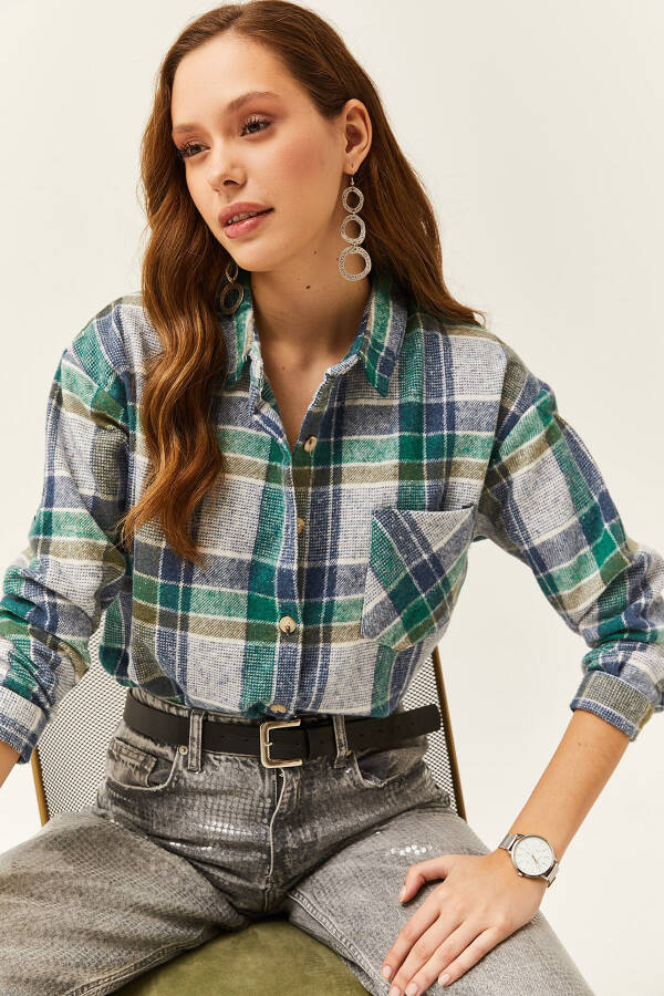 Women's Indigo Emerald Single Pocket Plaid Lumberjack Shirt GML-19001163 - 1