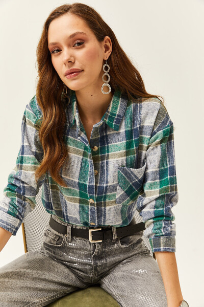 Women's Indigo Emerald Single Pocket Plaid Lumberjack Shirt GML-19001163 - 3