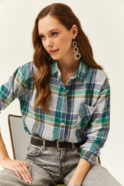 Women's Indigo Emerald Single Pocket Plaid Lumberjack Shirt GML-19001163 - 5