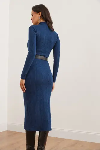 Women's Indigo Fisherman Collar Belted Slit Knit - 6