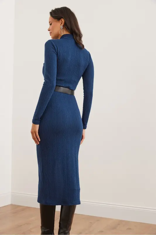 Women's Indigo Fisherman Collar Belted Slit Knit - 6