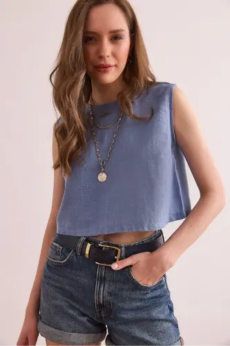 Women's Indigo Flame Linen Crop Blouse BLZ-19002925-Ind 
