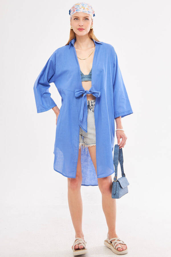 Women's Indigo Front Tie Midi Linen Dress - 1