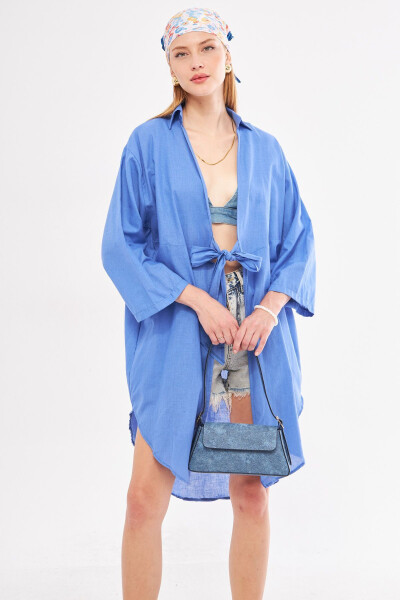 Women's Indigo Front Tie Midi Linen Dress - ARMONIKA (1)