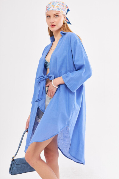 Women's Indigo Front Tie Midi Linen Dress - 4