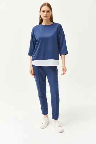 Women's Indigo Garnished Top and Bottom Set TKM-19000274-In - OLALOOK (1)