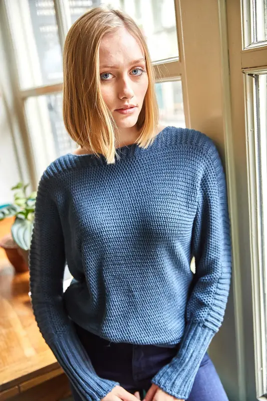 Women's Indigo Honeycomb Knit Sweater with Sleeve Detail KZK-19000399-Indigo - 3