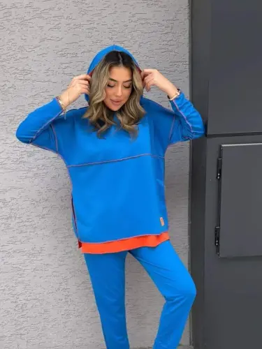 Women's Indigo Hoodie Skirt Hem Detail Badge Reverse Stitch Look Two Piece Set - 4