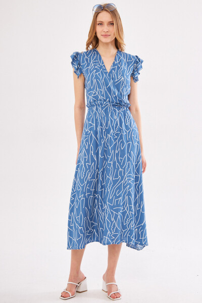 Women's Indigo Midi Dress with Wrap Collar, Shoulder Ruffles, Elastic Waist ARM-24Y001020 - 10