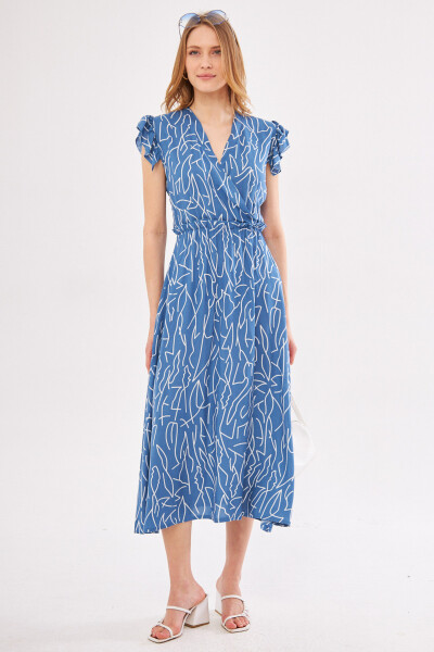 Women's Indigo Midi Dress with Wrap Collar, Shoulder Ruffles, Elastic Waist ARM-24Y001020 - 11