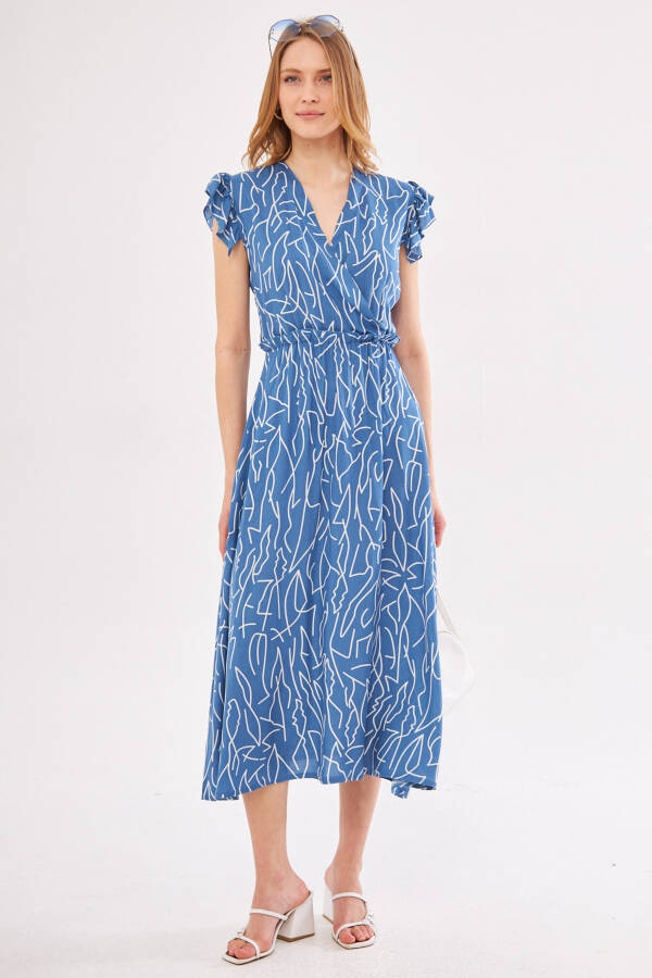 Women's Indigo Midi Dress with Wrap Collar, Shoulder Ruffles, Elastic Waist ARM-24Y001020 - 11