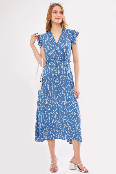 Women's Indigo Midi Dress with Wrap Collar, Shoulder Ruffles, Elastic Waist ARM-24Y001020 - 1