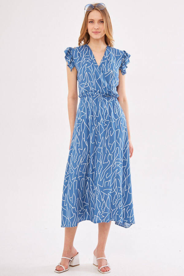 Women's Indigo Midi Dress with Wrap Collar, Shoulder Ruffles, Elastic Waist ARM-24Y001020 - 4