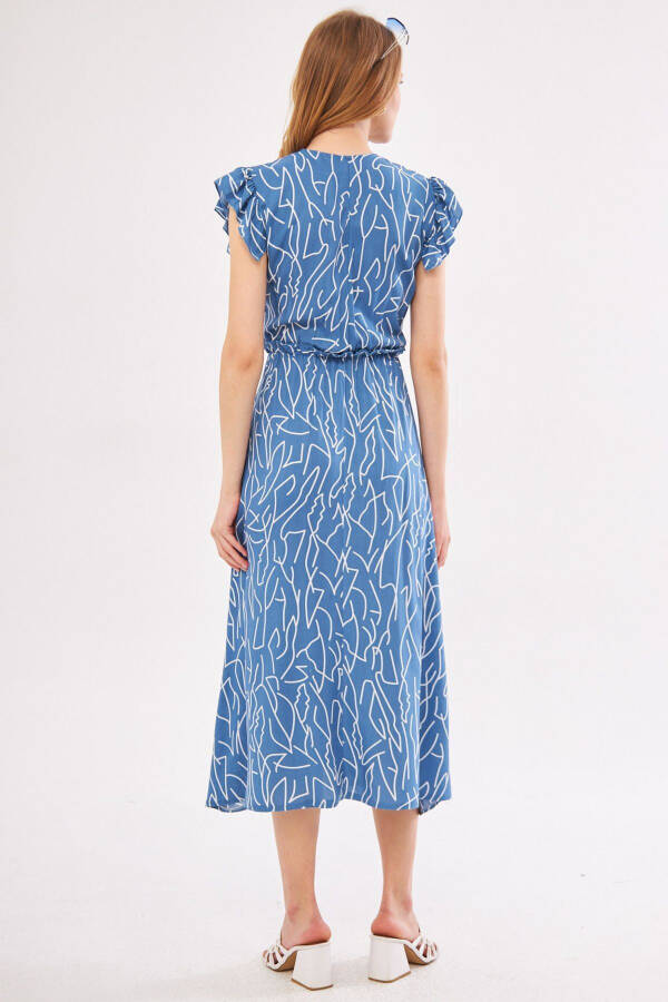 Women's Indigo Midi Dress with Wrap Collar, Shoulder Ruffles, Elastic Waist ARM-24Y001020 - 6