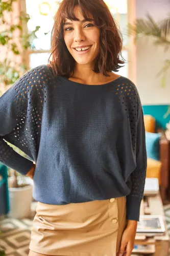 Women's Indigo Openwork Batwing Oversize Knit Sweater KZK-19000524-Indigo - OLALOOK (1)