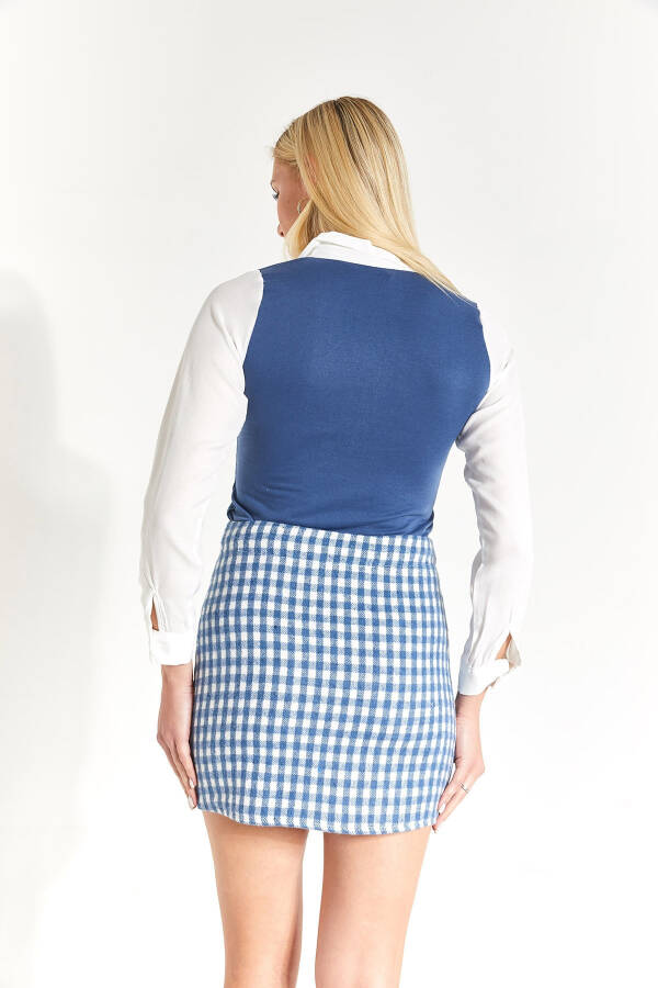 Women's Indigo Plaid Stitch Detail Slit Mini Skirt - 8