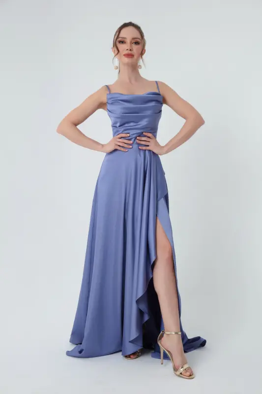 Women's Indigo Ruffled Slit Satin Evening Dress & Graduation Dress-Indigo - 2