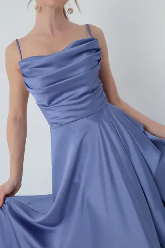 Women's Indigo Ruffled Slit Satin Evening Dress & Graduation Dress-Indigo - 3