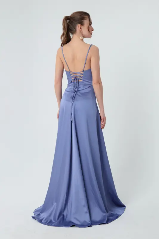 Women's Indigo Ruffled Slit Satin Evening Dress & Graduation Dress-Indigo - 5