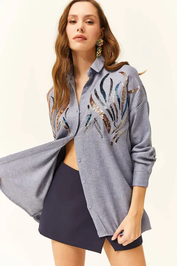 Women's Indigo Sequined Wool-Effect Oversized Winter Shirt - 1