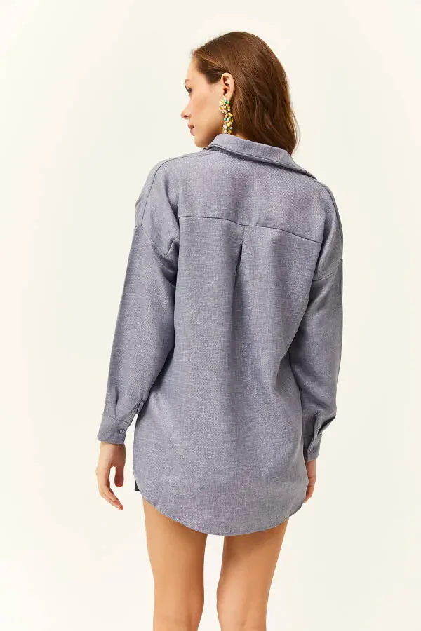 Women's Indigo Sequined Wool-Effect Oversized Winter Shirt - 2