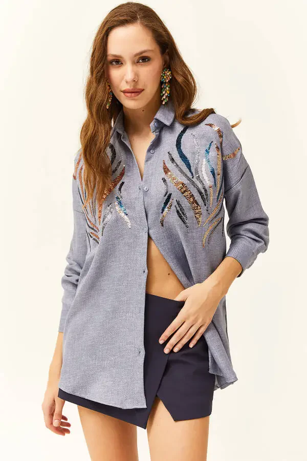 Women's Indigo Sequined Wool-Effect Oversized Winter Shirt - 3