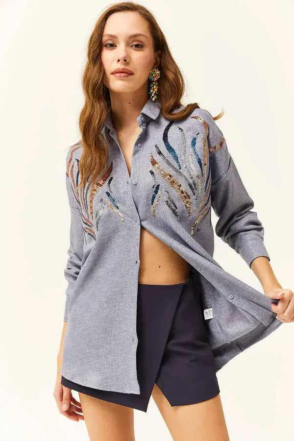 Women's Indigo Sequined Wool-Effect Oversized Winter Shirt - 5
