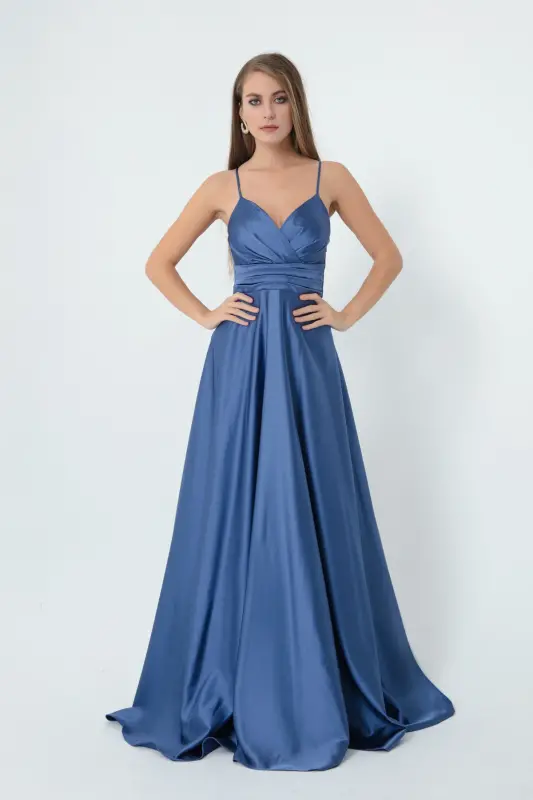 Women's Indigo Spaghetti Strap Belted Waist Satin Long Evening & Graduation Dress-Indigo - 9