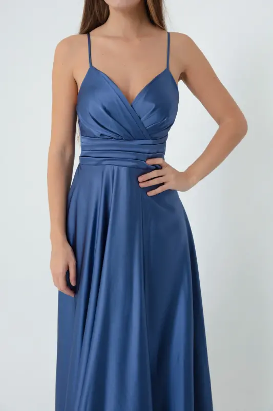 Women's Indigo Spaghetti Strap Belted Waist Satin Long Evening & Graduation Dress-Indigo - 11