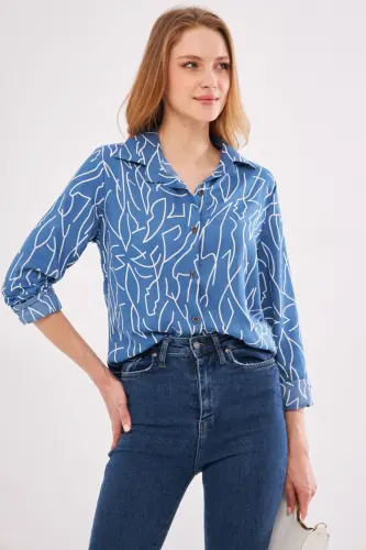 Women's Indigo Striped Pattern Long Sleeve Shirt ARM-20Y001002-Indigo - 4