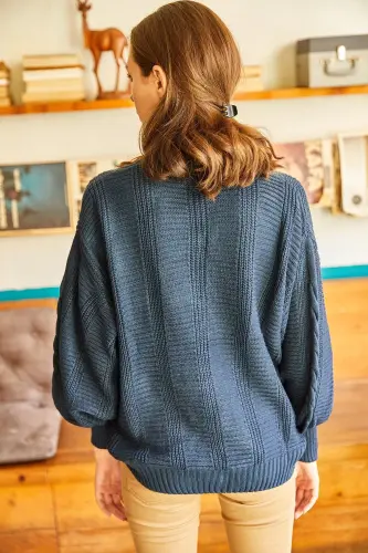 Women's Indigo Thick Cable Knit Cardigan HRK-19000082 - Indigo - 4