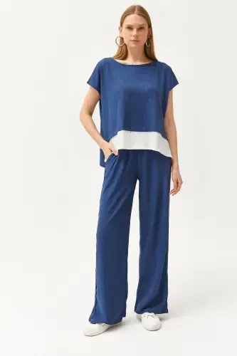 Women's Indigo Top Blouse Bottom Pants Suit TKM-19000 - 1